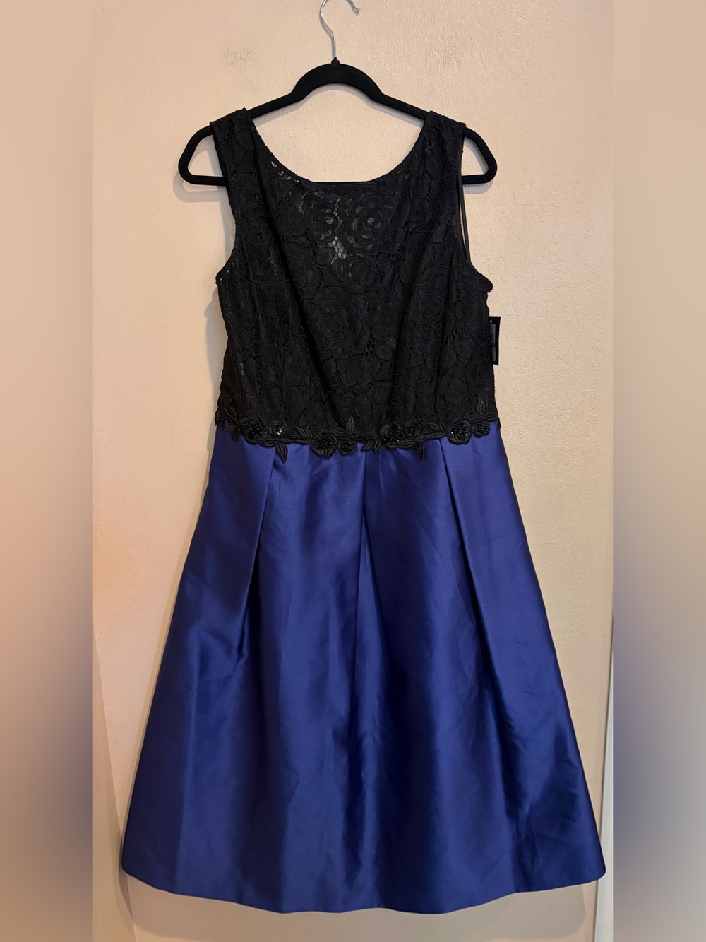 Elegant Gown w/ Black Lace Bodice & Blue Satin Skirt, Floral Lace Detailing